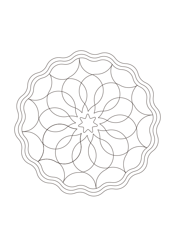 Dibujo para colorear mandala de forma sinusoidal simétrica con estrella redondeada en el centro