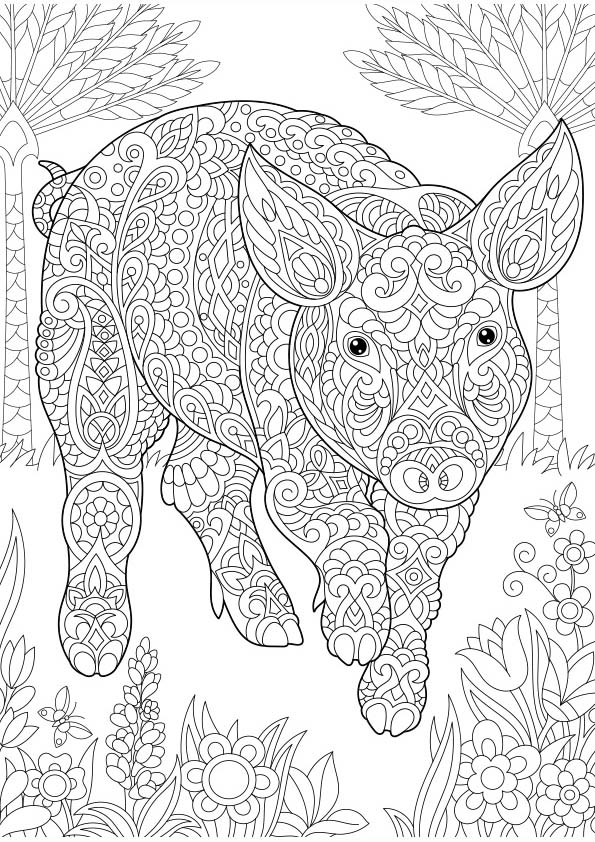 Dibujo para colorear mandala de una ilustración de la silueta de un cerdo