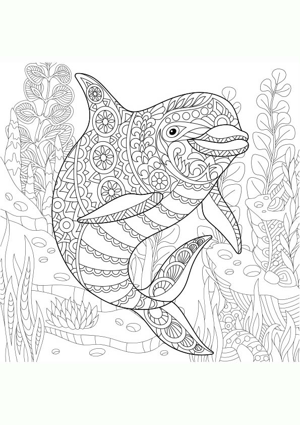 Dibujo para colorear mandala de una ilustración de la silueta de un delfin