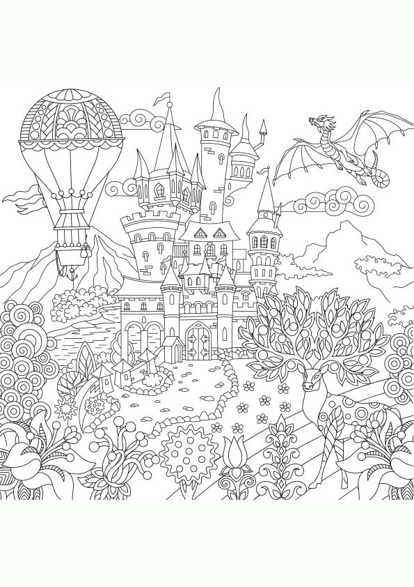 Dibujo para colorear mandala de una ilustración de la silueta de un castillo de cuento de hadas