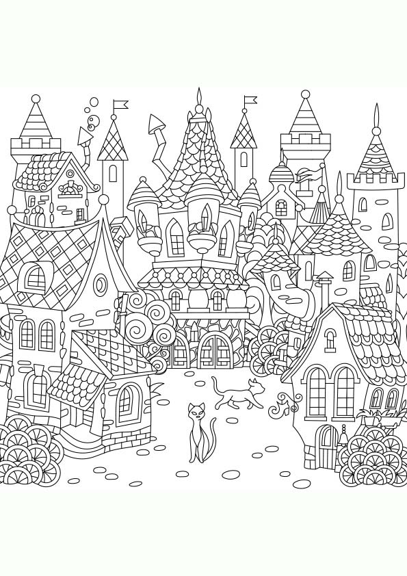 Dibujo para colorear mandala de una ilustración de la silueta de un castillo de cuento de hadas