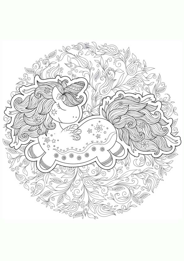 Dibujo para colorear mandala de una ilustración de la silueta de un unicornio mágico