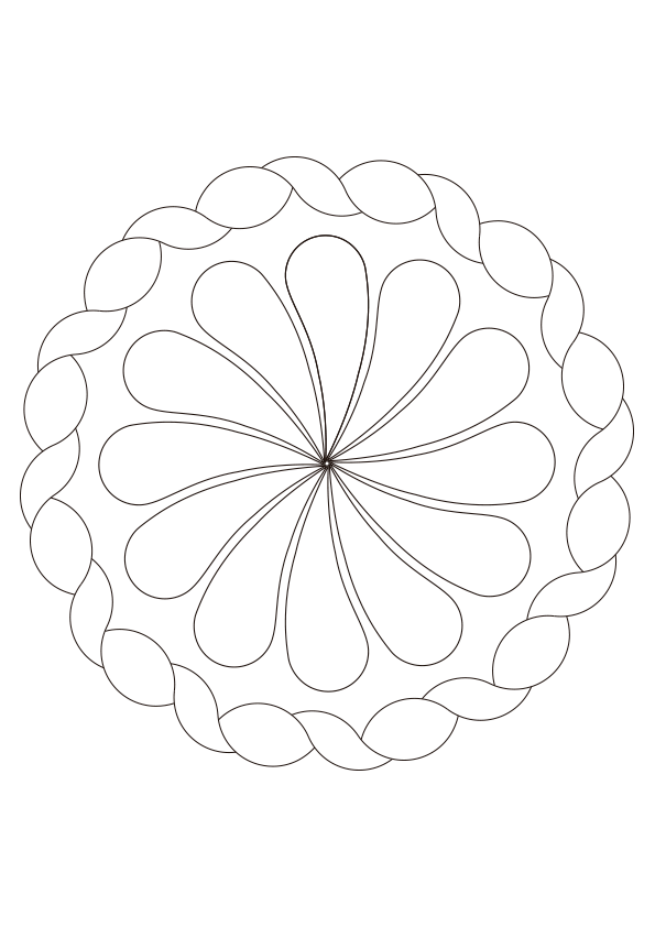 Dibujo para colorear mandala forma circular con lazos entrelazados y pétalos geométricos en el centro