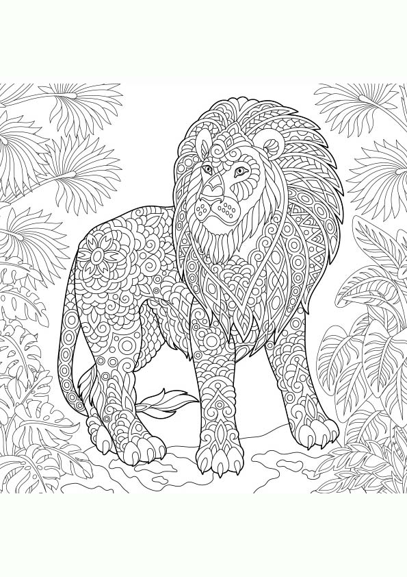 Dibujo para colorear mandala de una ilustración de la silueta de un león salvaje
