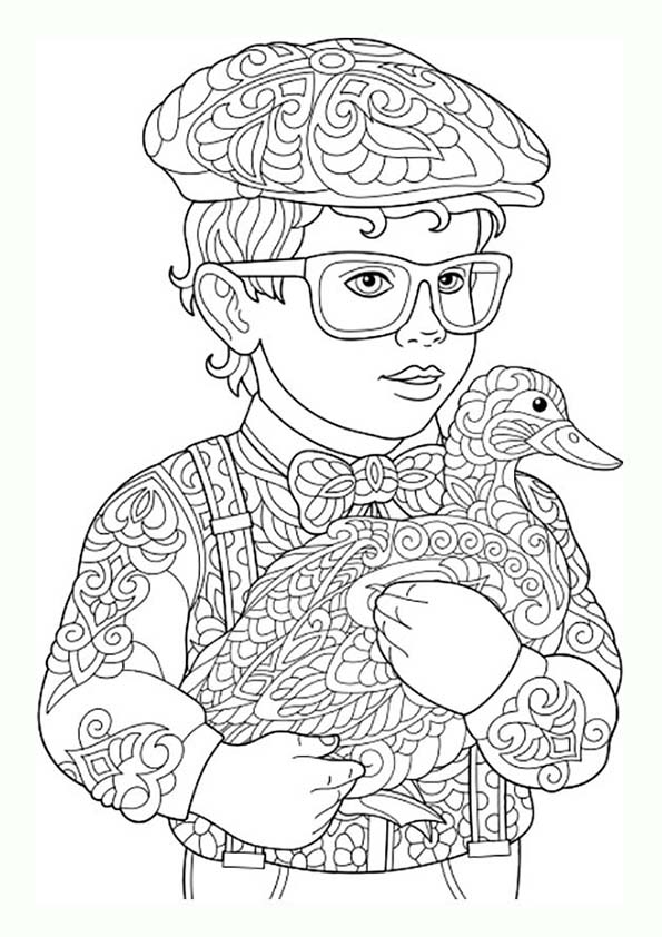 Dibujo para colorear mandala de una ilustración de la silueta de un niño con pato