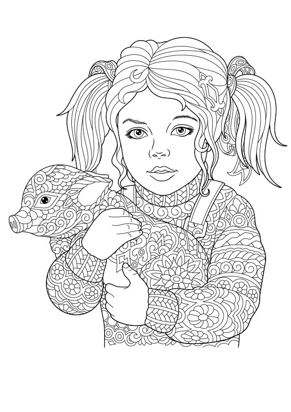 Dibujo para colorear mandala de una ilustración de la silueta de un niña con un cerdo