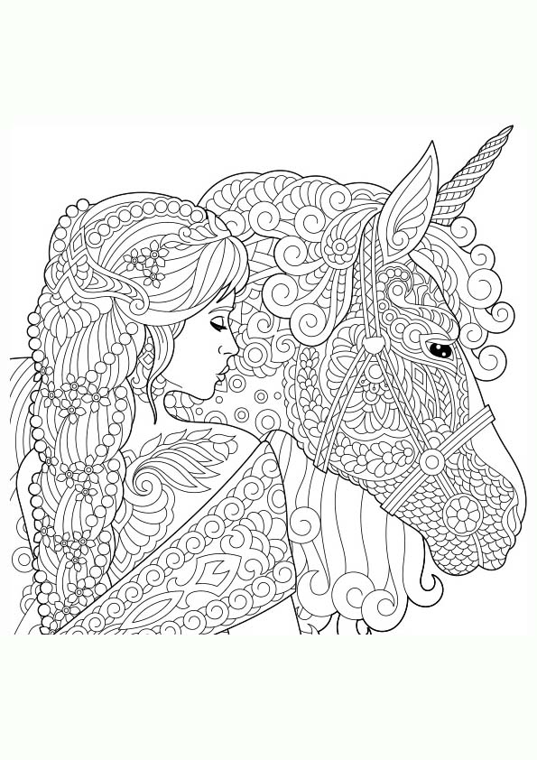 Dibujo para colorear mandala de una ilustración de la silueta de un de una chica con un unicornio