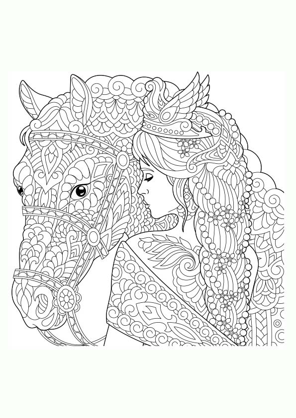 Dibujo para colorear mandala de una ilustración de la silueta de un de una chica acariciando a un unicornio