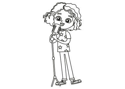 Dibujo de una niña para colorear, cantando con un micrófono.