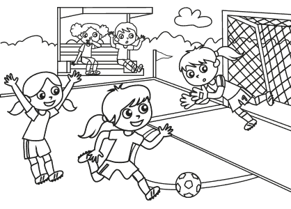 Dibujos de niñas para colorear, niñas jugando un partido de fútbol.