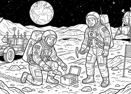 Astronautas recogiendo muestras de tierra y rocas en la luna