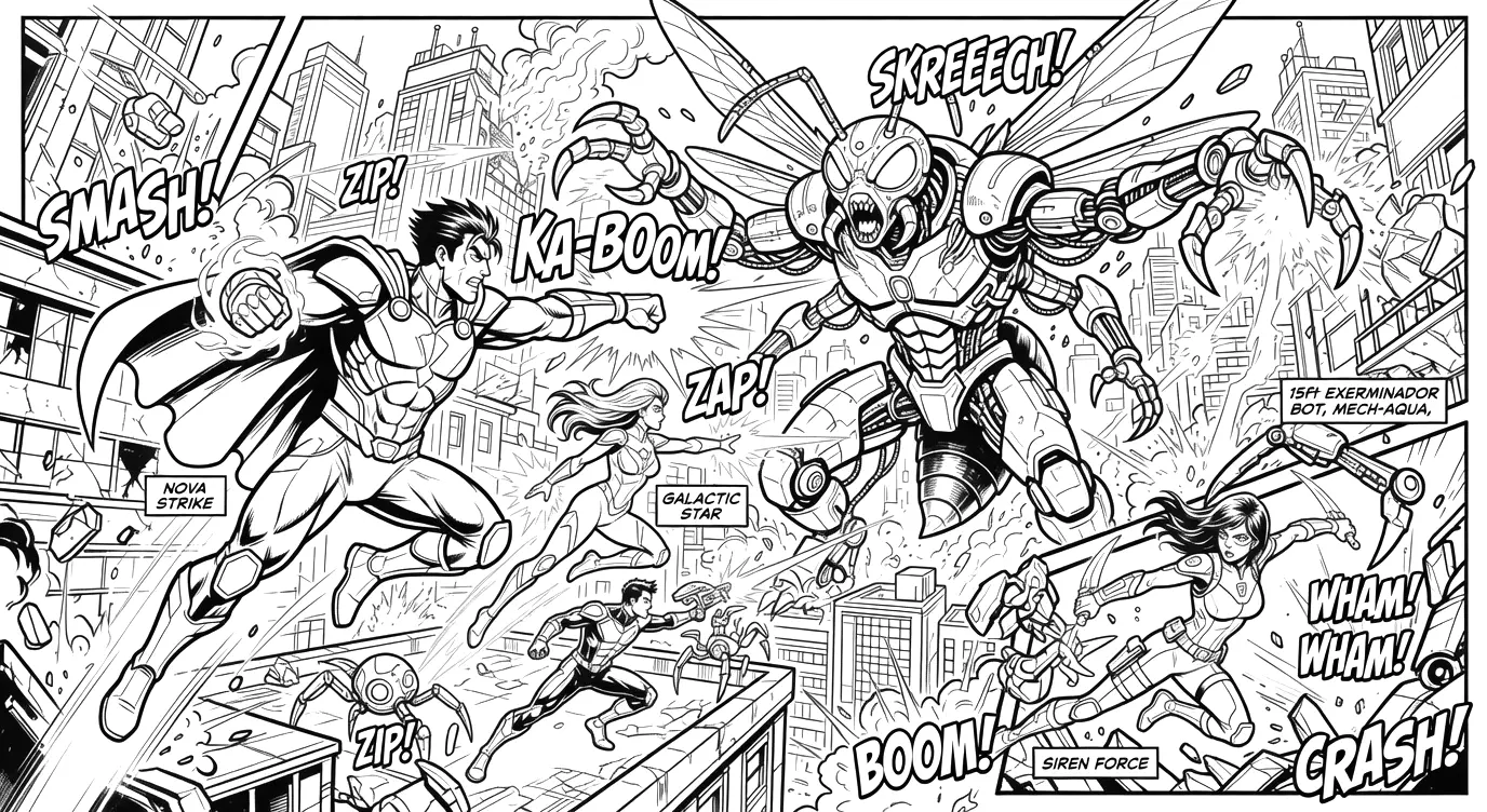 Imagen para colorear del Cómic de superhéroes ¡Asedio de Acero! La Batalla por Nueva Megalópolis