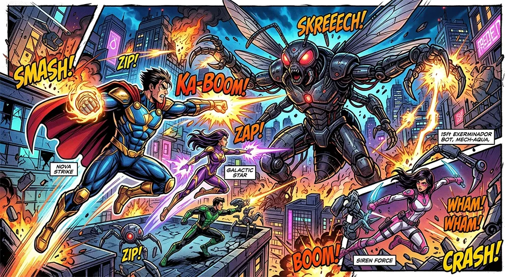 Cómic de superhéroes ¡Asedio de Acero! La Batalla por Nueva Megalópolis