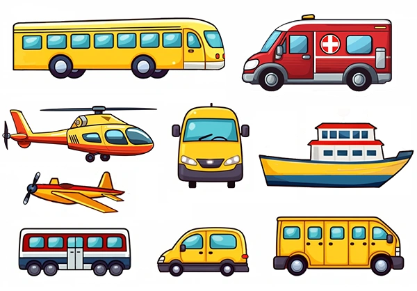 Conjunto de imágenes de medios de transporte nº 1, autobús, ambulancia, helicóptero, avioneta, furgoneta, barco, vagón de metro, coche y furgón de seguridad