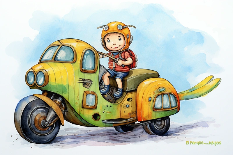 ilustración de cuento infantil de medios de transporte, niño en un vehículo híbrido fantástico del futuro