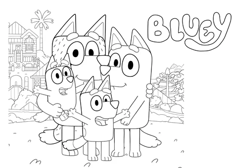 La familia Bluey con el logo para colorear