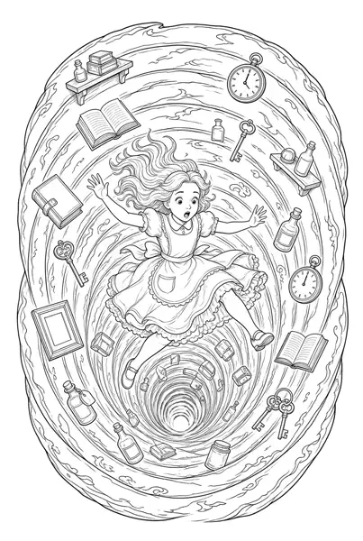 Ilustración para colorear de Alicia cayendo por el agujero que le transporta al mundo fantástico