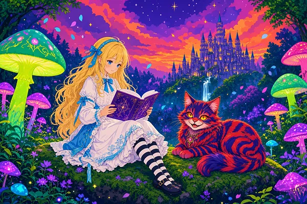 Dibujo de Alicia leyendo un libro con el Gato de Cheshire Dibujo de Alicia leyendo un libro con el Gato de Cheshire.