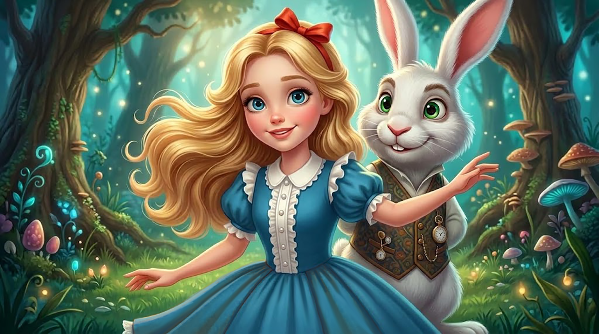 Ilustración de Alicia en el País de las Maravillas con el conejo blanco