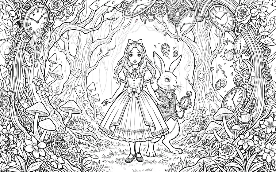 Dibujo para colorear de Alicia y el Conejo Blanco en un bosque mágico con relojes flotantes, cartas y hongos. Inspirado en Alicia en el País de las Maravillas. Ideal para colorear, imprimir y explorar el mundo de Lewis Carroll. Lineart detallado de fantasía.