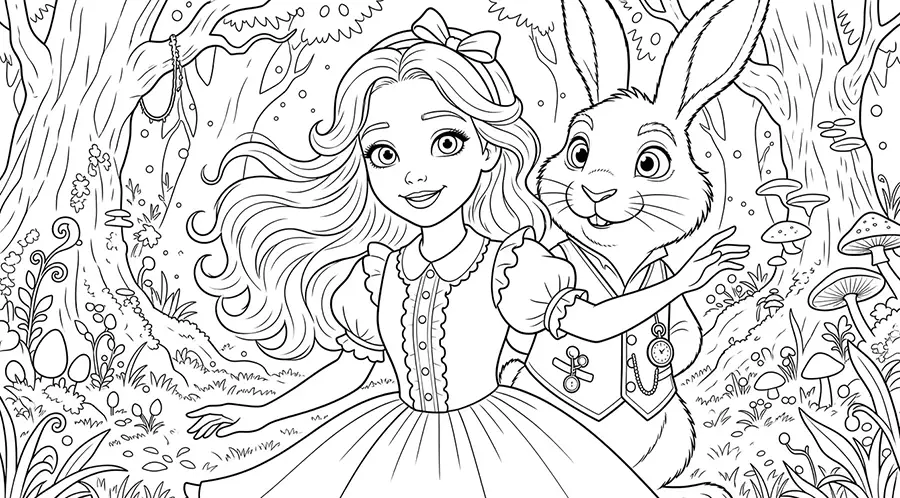 Ilustración de Alicia con el conejo blanco para colorear