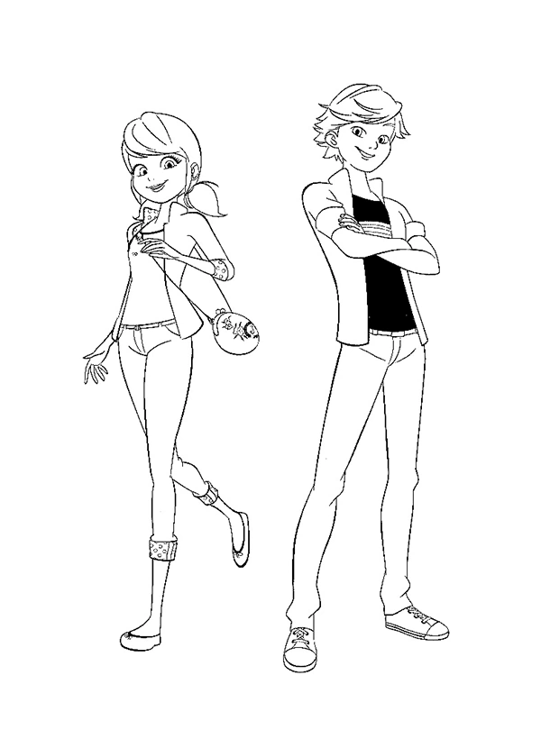 Dibujo de la serie Ladybug Miraculous para colorear, dibujo de los personajes Marinette y Adrien