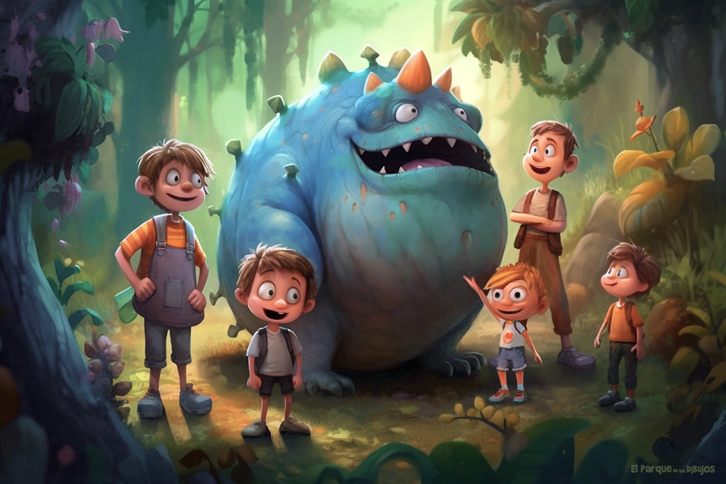 Ilustración de un monstruo con un grupo de amigos en el bosque