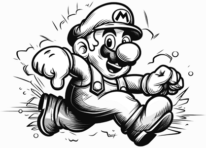 Ilustración de tipo xilografía de Mario corriendo.