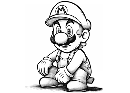 Dibujo de Mario descansando sentado.