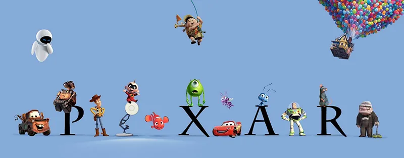 Logo de Pixar con algunos de sus personajes en 3D