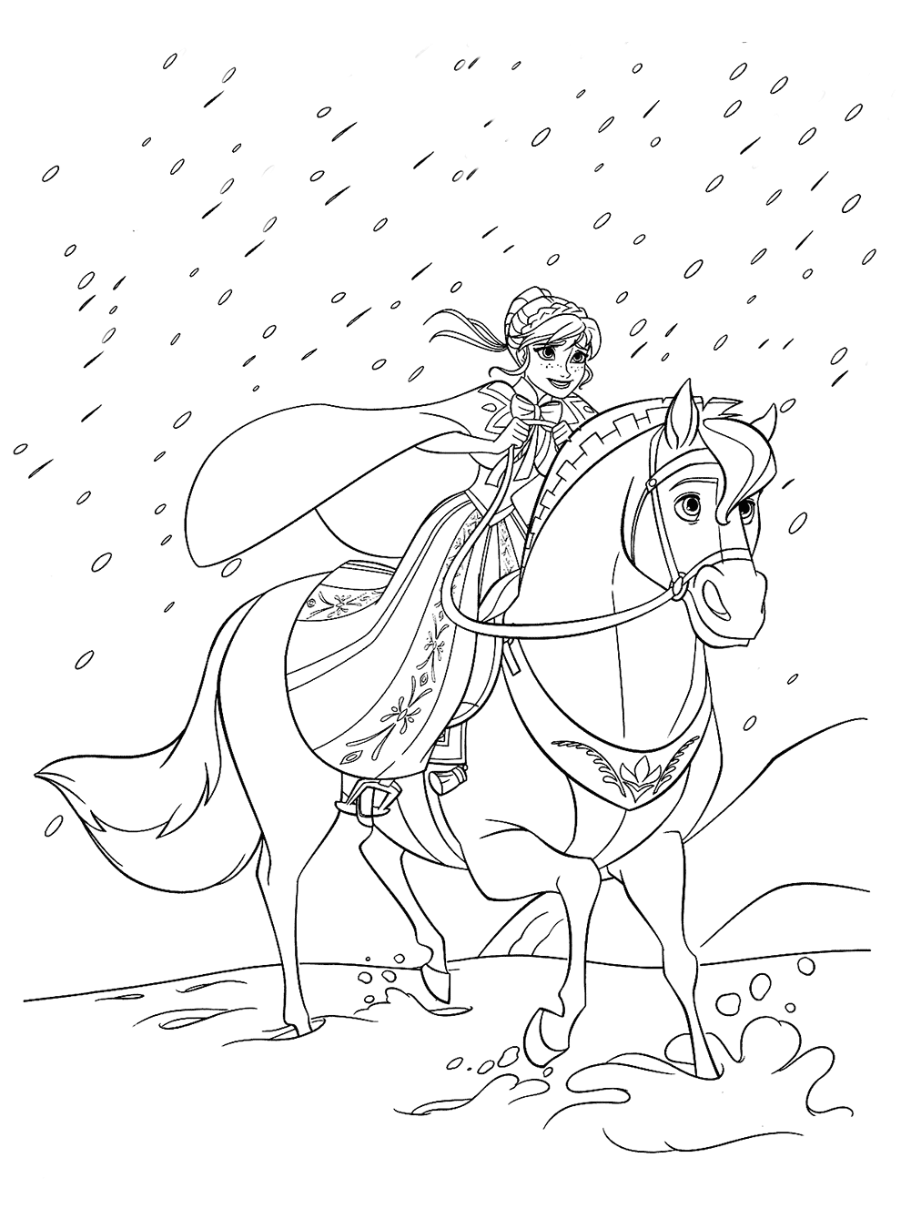 Dibujo para colorear Anna de Frozen montando en caballo