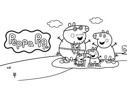 Familia Peppa Pig en el barro para colorear
