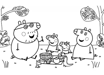 La familia Pig disfrutando de un picnic en el césped