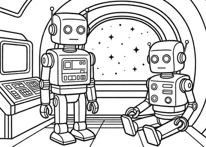 2 Robots en una sala de una nave estelar, de viaje por el espacio