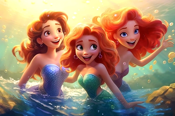 Ilustración Las 3 alegres sirenas, un encuentro mágico en la orilla del mar