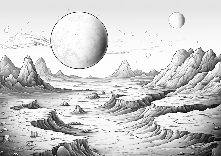 Dibujos de planetas. Paisaje de un planeta con varias lunas.