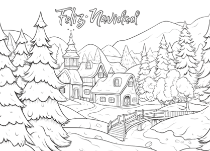 Dibujo de Navidad de un pueblo nevado en las montañas