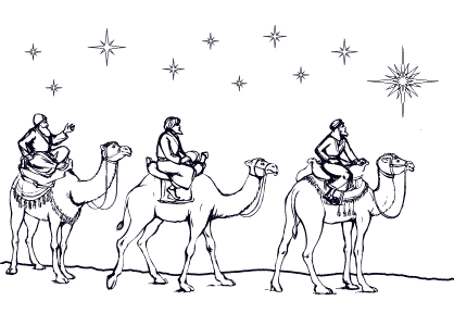Dibujo de los 3 Reyes Magos, Melchor, Gaspar y Baltasar.