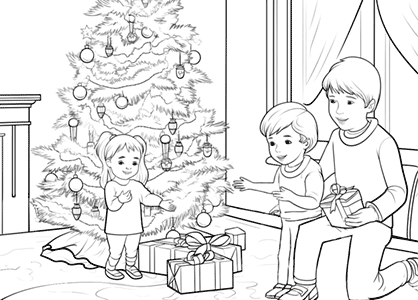 Escena típica navideña de unos niños con regalos