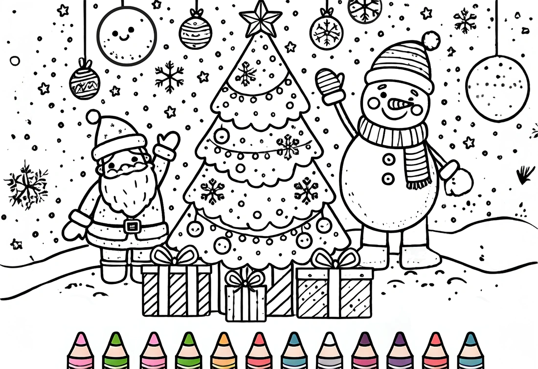 Papá Noel, el árbol y un muñeco de nieve