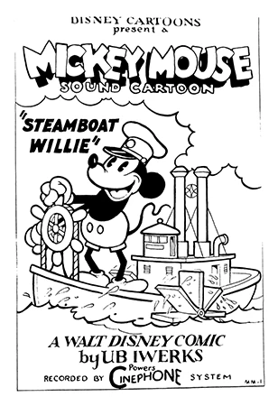 Imagen para descargar del póster original del corto animado en blanco y negro Mickey Mouse Steamboat Willie, del año 1928