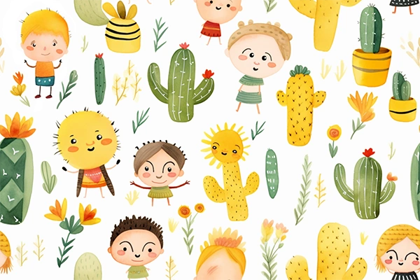 Dibujo habitación infantil con cactus y niños