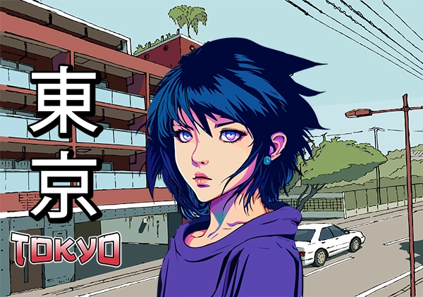 Cartel con una ilustración de un chica protagonista de un cómic manga de la ciudad de Tokio