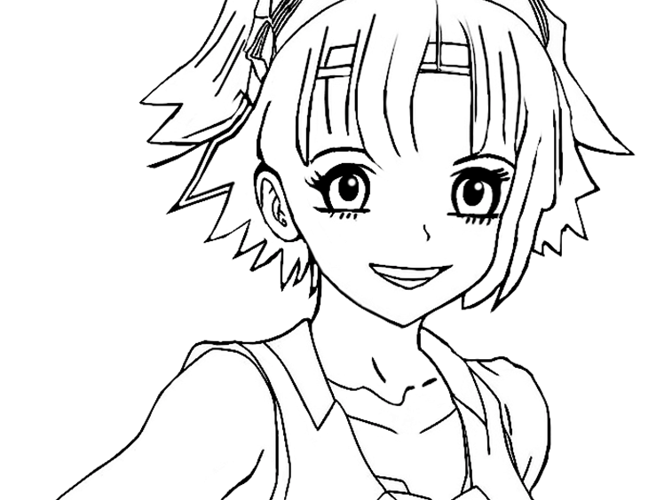 Dibujo para colorear de estilo manga, de una chica feliz con los ojos muy grandes y bonitos