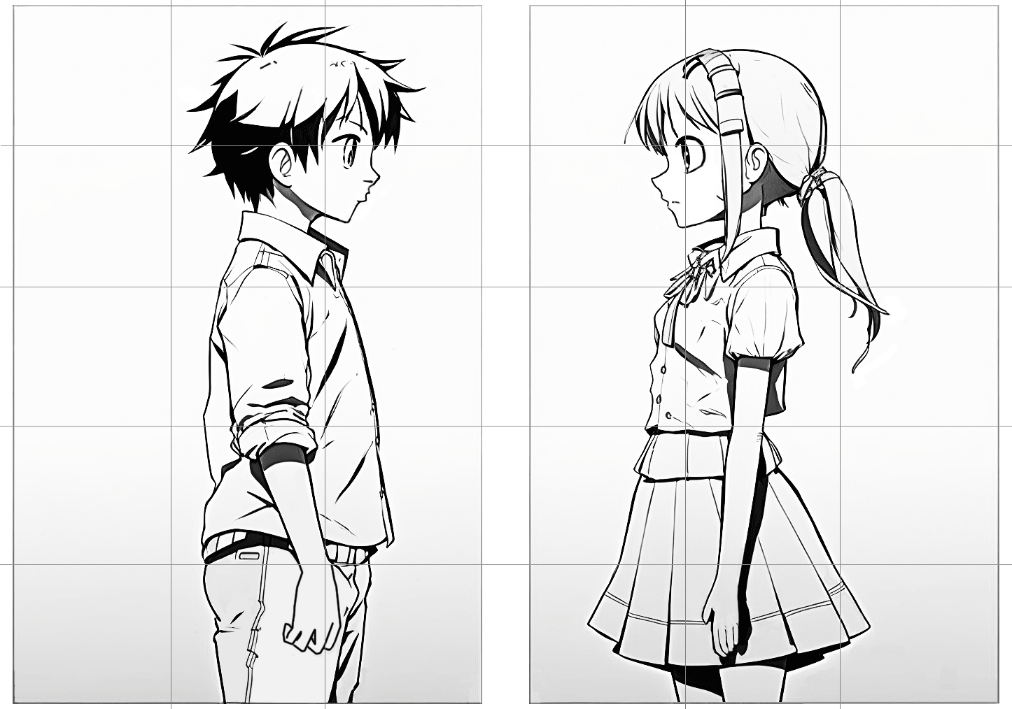 Plantilla para hacer dibujos manga. Dibujo de chico y chica estilo Manga.