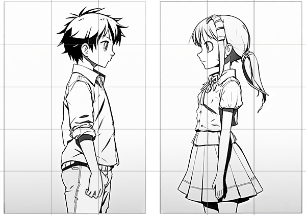 Plantilla para aprender a hacer dibujos manga nº 2. Dibujo de un chico y una chica estilo Manga