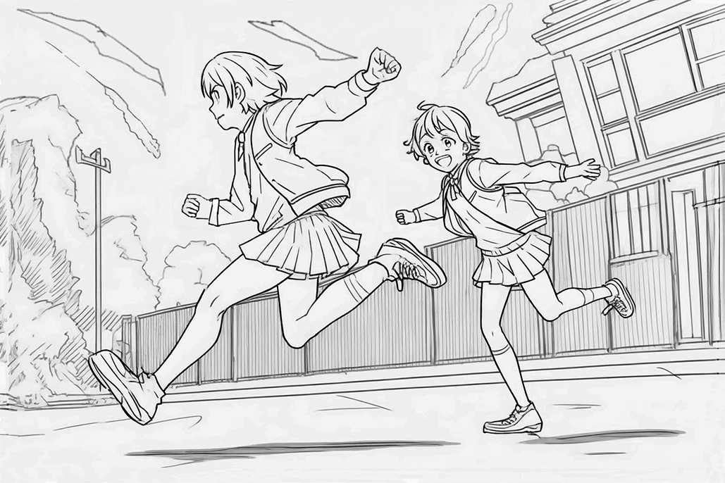 Dibujos manga para aprender a dibujar y colorear. Dibujo de 2 chicas felices corriendo y saltando al salir de clase, en estilo Manga