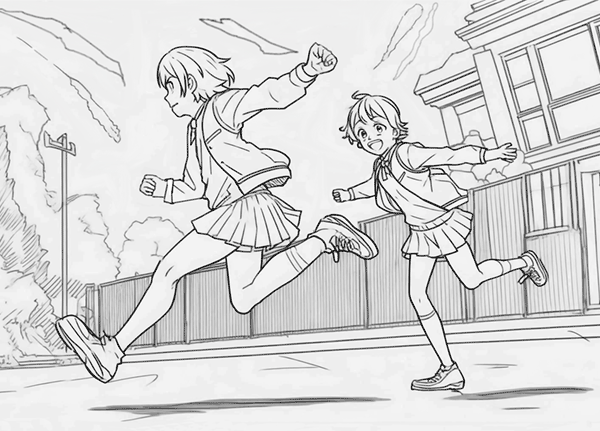Dibujo manga de 2 chicas saliendo del colegio