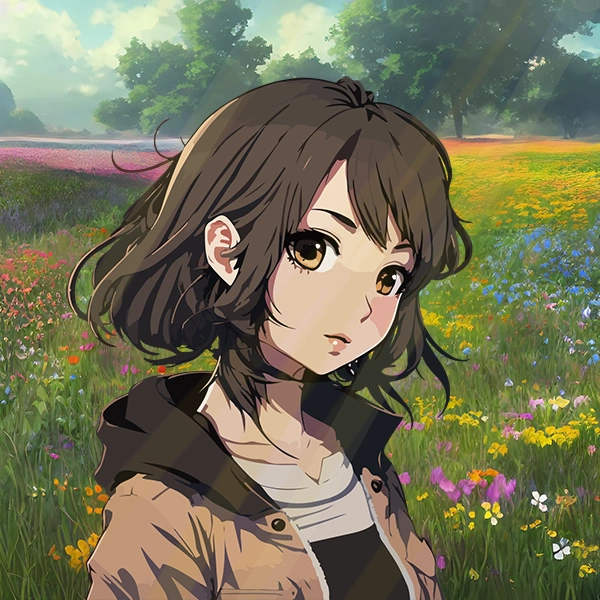 Dibujo tipo manga de una chica en un campo de flores
