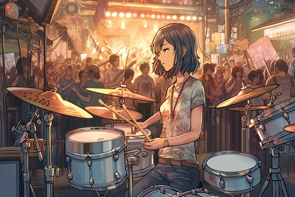 Dibujos Manga. Chica tocando la batería en un concierto en Tokio.